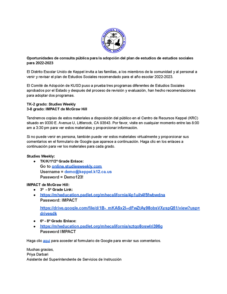Oportunidades de consulta publica para la adopcion del plan de estudios de estudios sociales para 2022-2023
