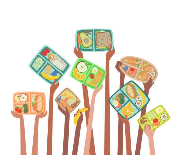Students' hands with lunch trays